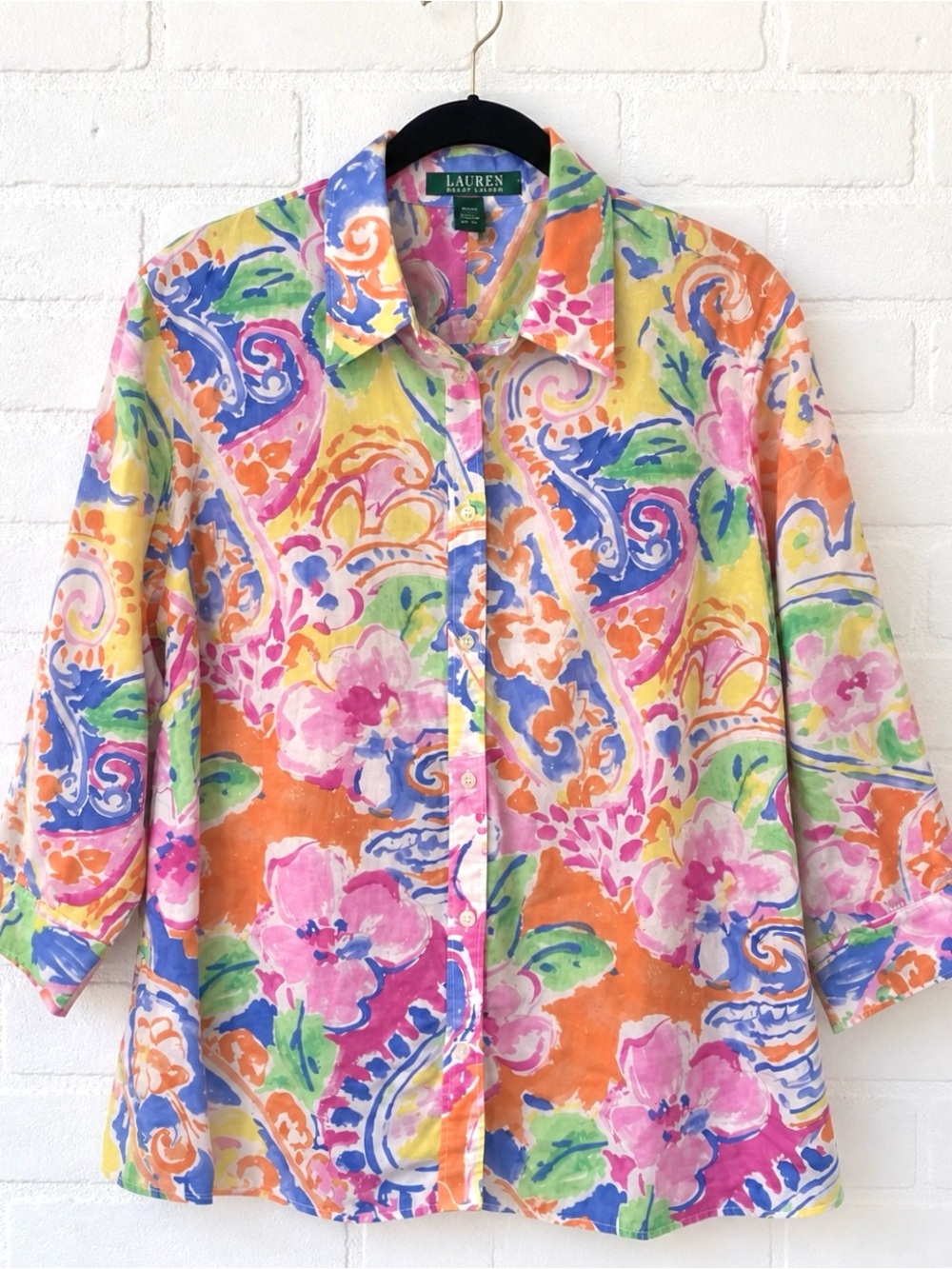 Lauren Ralph Lauren Floral Paisley Shirt 1X Colorful Cotton Button Up Artsy